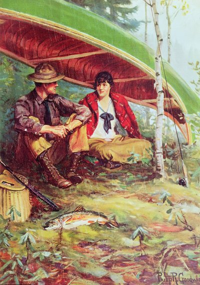 ボートの下で雨から避難所を取っているカップル 作： Philip Russell Goodwin